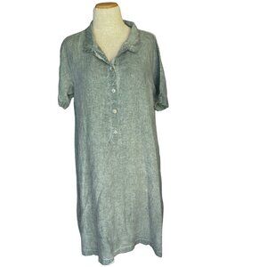 Grizas Dress Size Medium 100% Linen Teal Blue Green Lagenlook Oliato Button Down